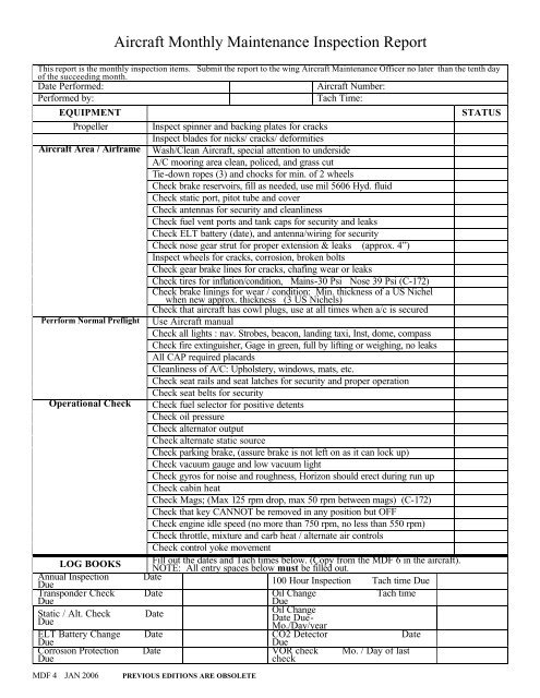 Aircraft Monthly Maintenance Inspection Report - Longwebs.org