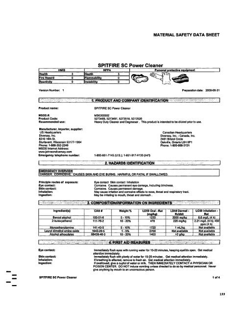 MATERIAL SAFETY DATA SHEET SPITFIRE SC Power Cleaner