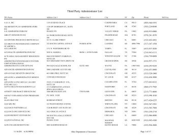 Third Party Administrator List - Ohio Department of Insurance