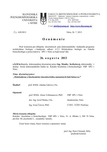 O z n Ã¡ m e n i e - SlovenskÃ¡ poÄ¾nohospodÃ¡rska univerzita v Nitre
