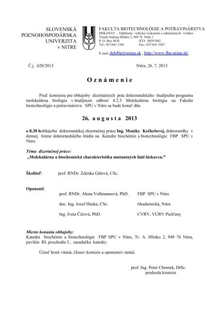 O z n Ã¡ m e n i e - SlovenskÃ¡ poÄ¾nohospodÃ¡rska univerzita v Nitre