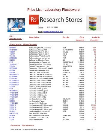 Price List - Laboratory Plasticware - UH Research Stores