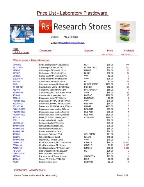 Price List - Laboratory Plasticware - UH Research Stores