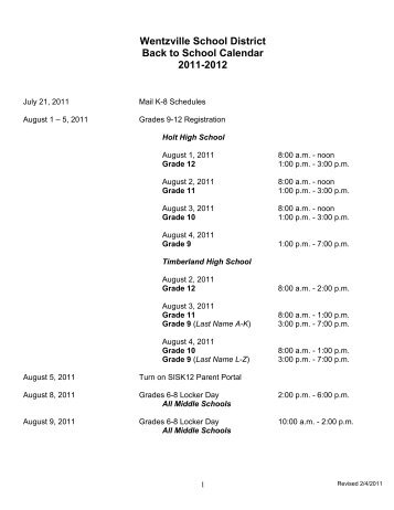 Wentzville School District Back to School Calendar 2011-2012