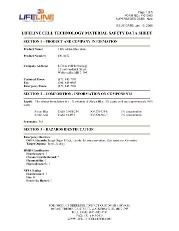 MSDS for CM-0052, Alcian Blue Stain - Lifeline Cell Technology, LLC