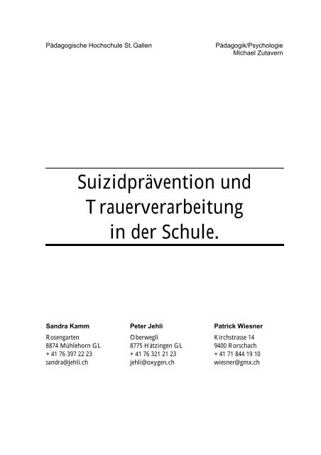 Suizidpra Vention Und Trauerverarbeitung In Der Schule Jehli Peter