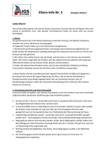 Elterninfo Nr. 5 - Integrierte Gesamtschule Stade - IGS