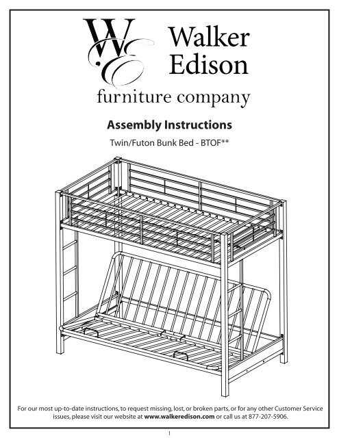 Assembly Instructions, Walker Edison Twin Over Futon Metal Bunk Bed
