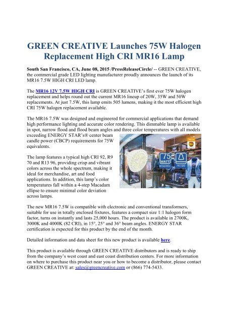 GREEN CREATIVE Launches 75W Halogen Replacement High CRI MR16 Lamp