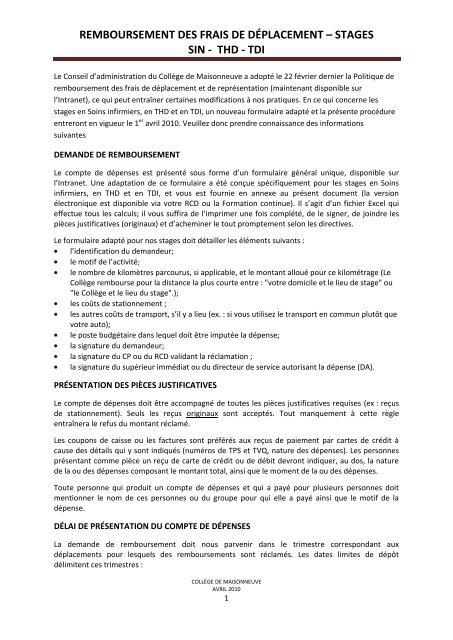 Remboursement Des Frais De Deplacement Stages Sin Thd Tdi