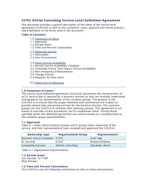 Onsite Sample Service Level Agreement Sla In Pdf Format Cites