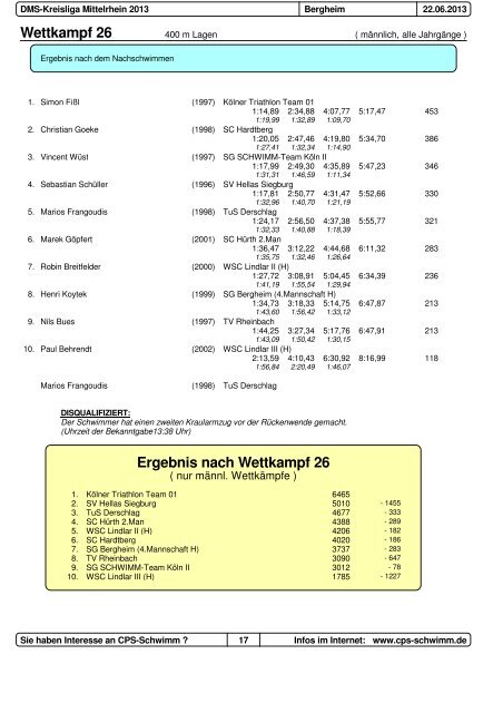 Protokoll DMS Kreisliga 2013 - Schwimmverein Hellas Siegburg