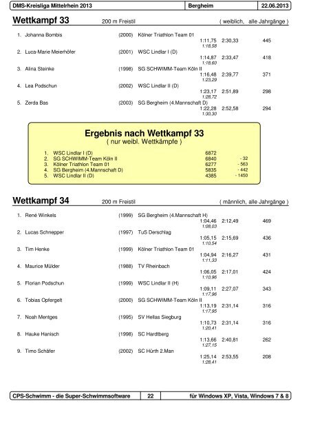 Protokoll DMS Kreisliga 2013 - Schwimmverein Hellas Siegburg