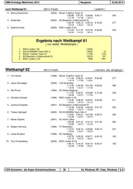 Protokoll DMS Kreisliga 2013 - Schwimmverein Hellas Siegburg