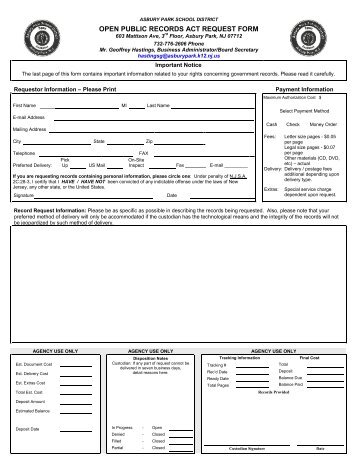 open public records act request form - Asbury Park School District