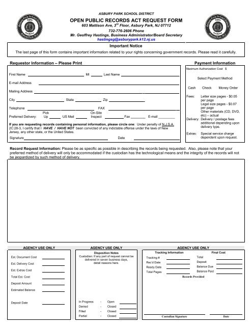 open public records act request form - Asbury Park School District