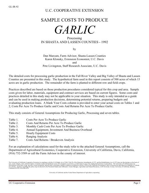 SAMPLE COSTS TO PRODUCE GARLIC - Cost & Return Studies