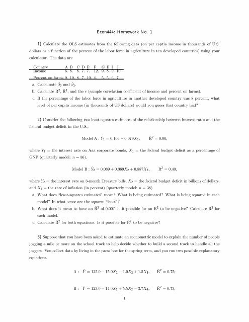Econ444: Homework No. 1 1) Calculate the OLS estimates from the ...