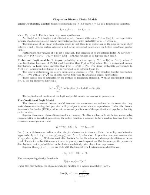 Chapter on Discrete Choice Models Linear Probability Model ...