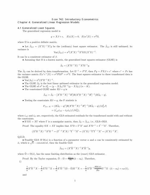 Econ 742 Introductory Econometrics Chapter 4 Generalized Linear Econ 742 Introductory Econometrics Chapter 4 Generalized Linear