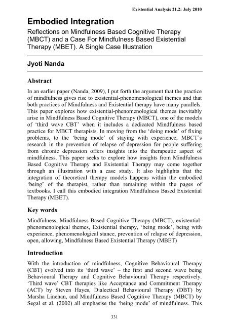 Reflections On Mindfulness Based Cognitive Therapy Mbct