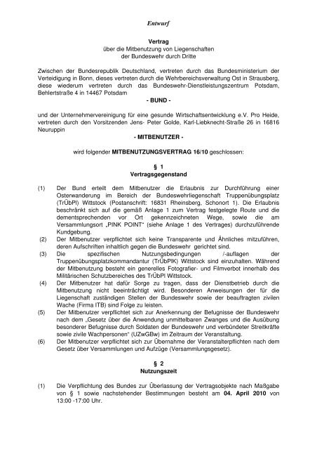 Entwurf der Bundeswehr für einen Mitbenutzervertrag