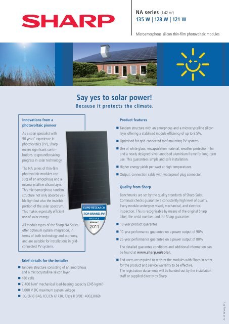 Datasheet solar panel SHARP Thin Film Amorphous ...