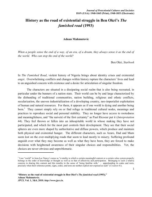 History As The Road Of Existential Struggle In Ben Okri S The Jpcs History As The Road Of Existential Struggle In Ben Okri S The Jpcs