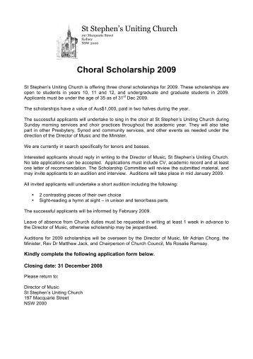 Choral Scholarship 2009 - The Organ Music Society of Sydney