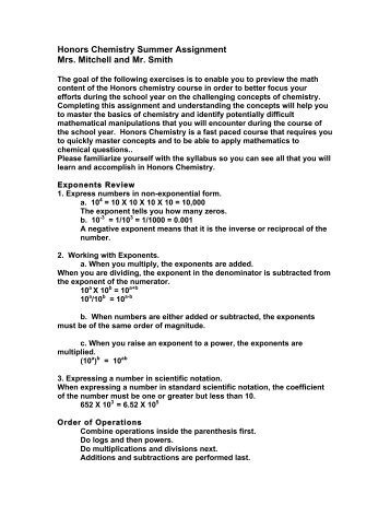 Summer Assignment Honors Chemistry - Ridge PTO