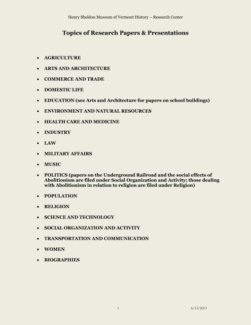 Topics Of Research Papers Presentations Henry Sheldon Museum