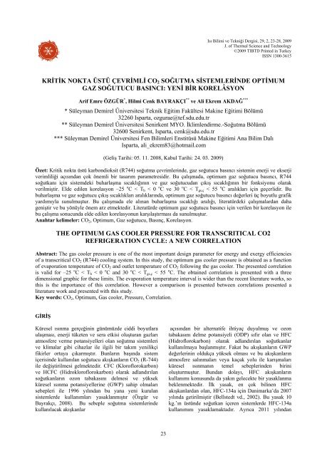 kritik nokta Ã¼stÃ¼ Ã§evrimli co2 soÄutma sistemlerinde optimum gaz ...