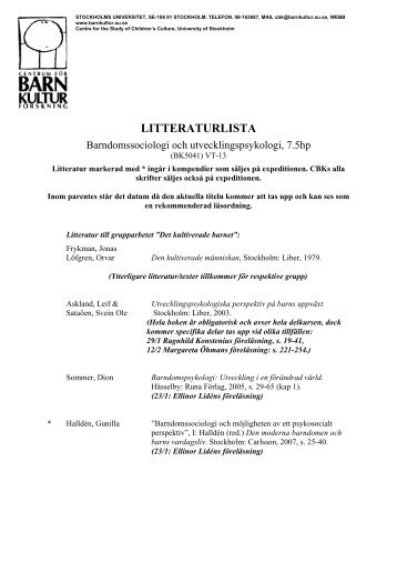 Litteraturlista Barndomssociologi och utvecklingspsykologi 2013