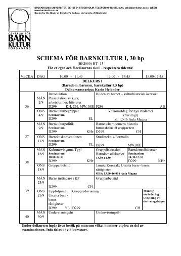 SCHEMA FÃR BARNKULTUR I, 30 hp - Stockholms universitet