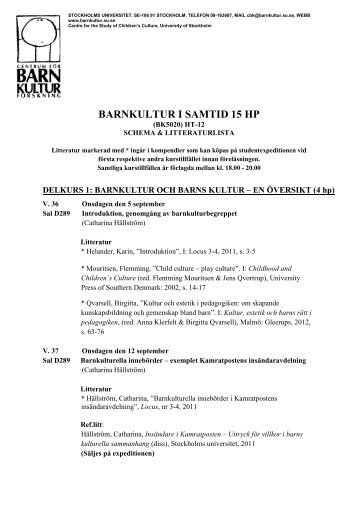 barnkultur i samtid 15 hp - och ungdomsvetenskapliga institutionen ...