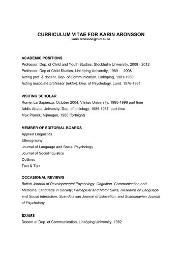 curriculum vitae for karin aronsson - och ungdomsvetenskapliga ...