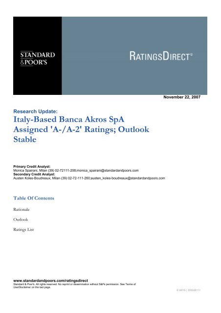 Italy-Based Banca Akros SpA Assigned 'A-/A-2' Ratings