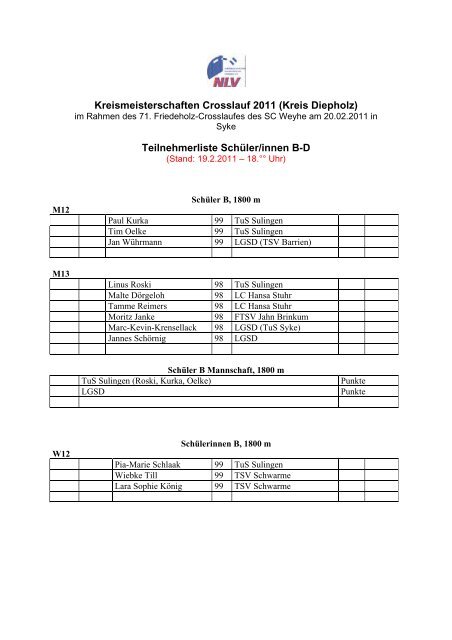 Kreismeisterschaften Crosslauf 2011 (Kreis ... - KLV Diepholz eV