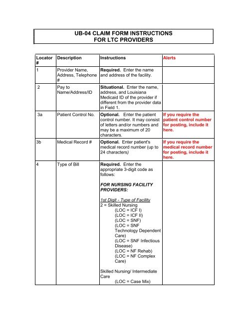 UB-04 CLAIM FORM INSTRUCTIONS - Louisiana Medicaid