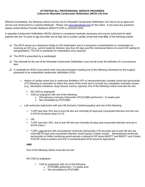 Criteria for Wearable Cardioverter Defibrillator (WCD) Life Vest ...