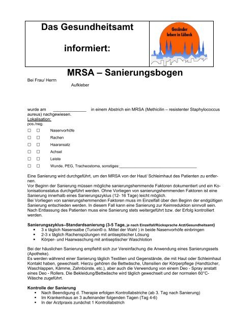 Das Gesundheitsamt informiert: MRSA â Sanierungsbogen
