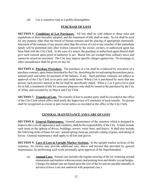 Cemetery Rules and Regulations - City of Alma