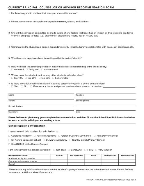 Principal's Recommendation Form - Stanley British Primary School