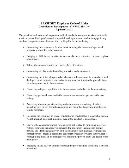 PASSPORT Employee Code of Ethics