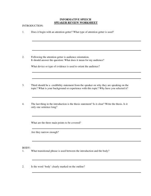 INFORMATIVE SPEECH SPEAKER REVIEW WORKSHEET ...