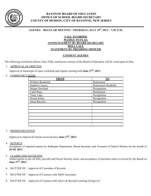 Agenda-July 25, 2013 - Bayonne Board of Education