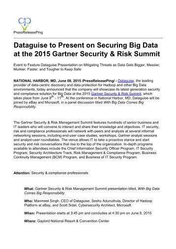 Dataguise to Present on Securing Big Data at the 2015 Gartner Security & Risk Summit