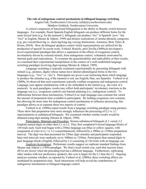 Bilingual Language Control Network The role of endogenous control mechanisms in bilingual language ...