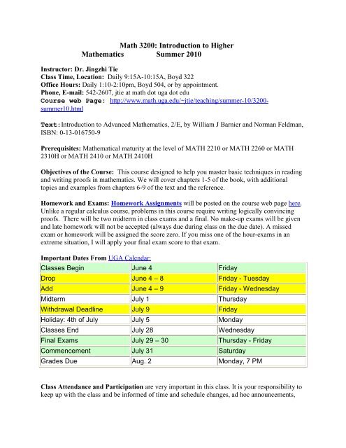 Uga Spring 2022 Final Exam Schedule Math 3200: Introduction To Higher Mathematics Summer 2010