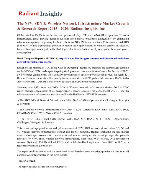 The NFV, SDN & Wireless Network Infrastructure Market Growth & Research Report 2015 - 2020 Radiant Insights, Inc